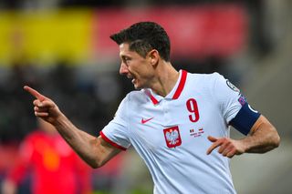 Robert Lewandowski celebrates a goal for Poland against Andorra in November 2021.