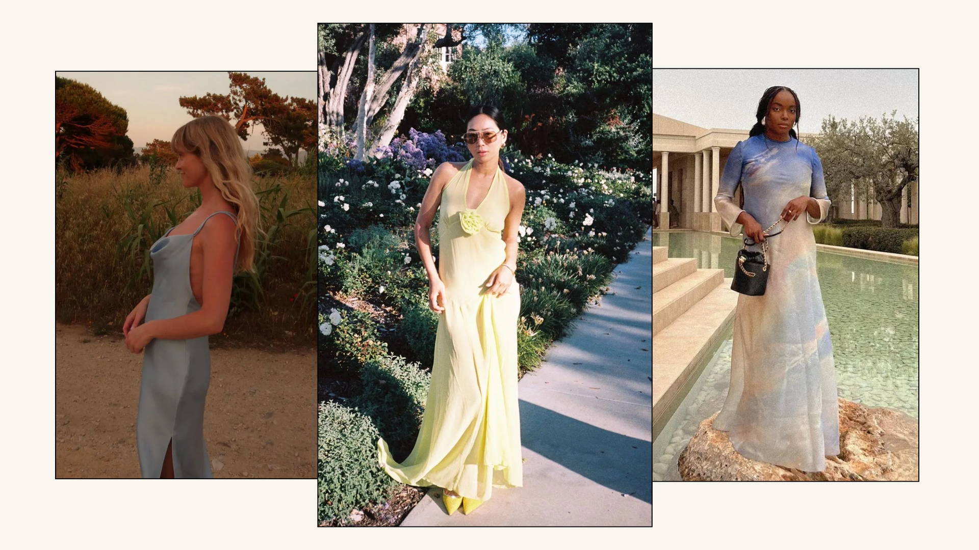 What to wear to a wedding? An image of wedding guest dress outfit ideas, including a slip, floral and maxi dress.
