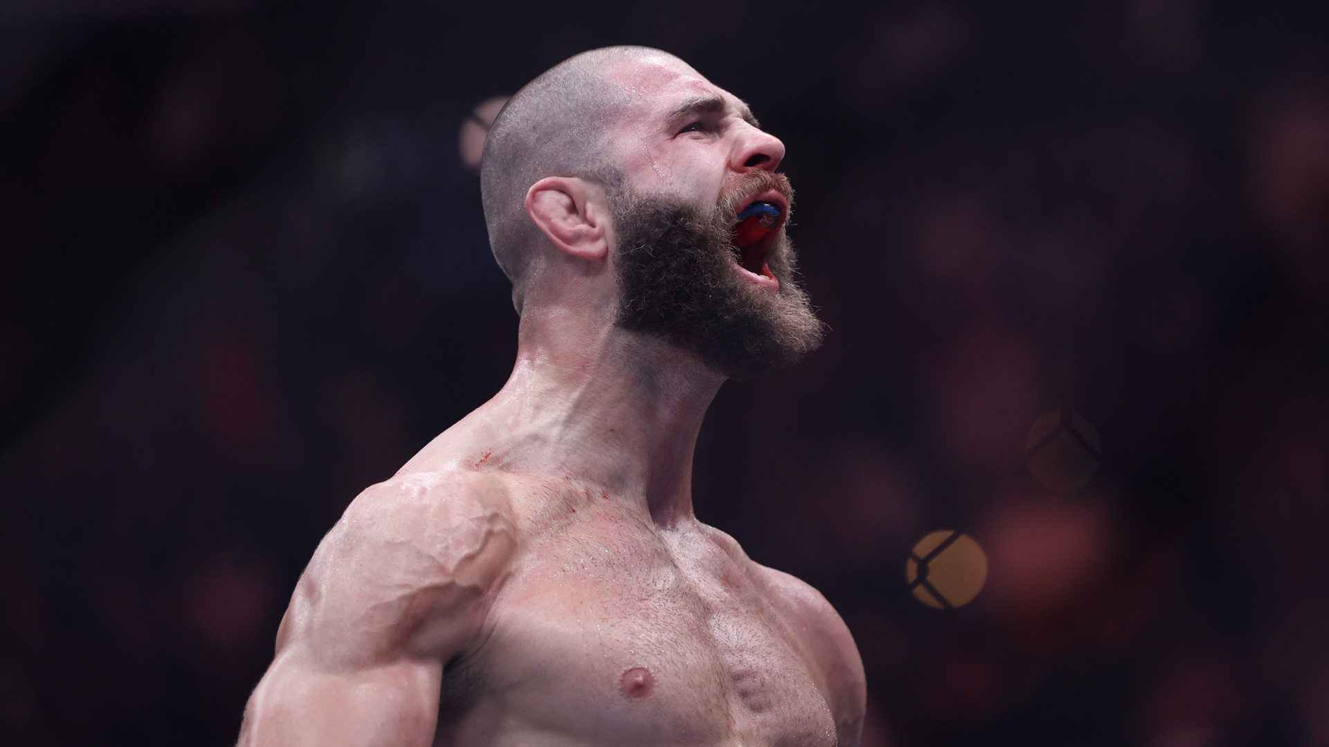 Jiř&iacute; Proch&aacute;zka of Czechia celebrates after his knock out during a UFC fight.