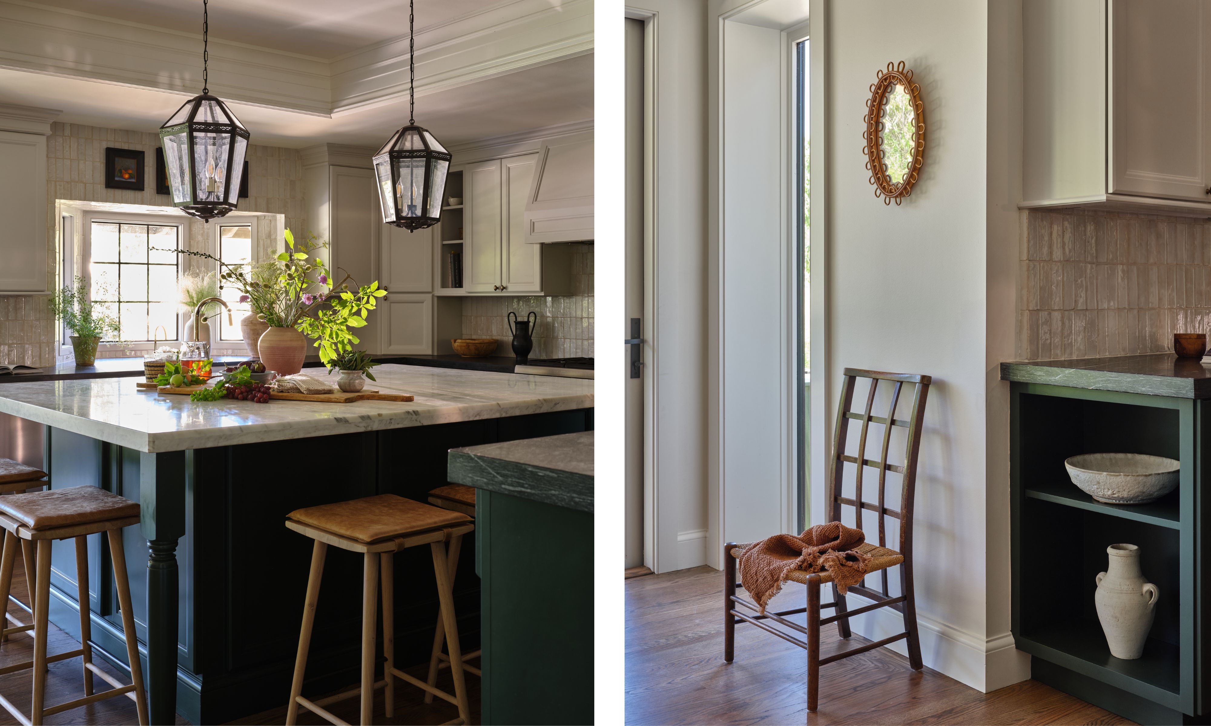 a dark green two tone kitchen with neutral upper units, and a large green island with stone countertop and lantern pendants