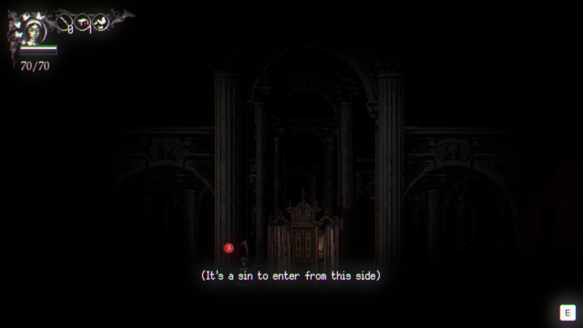 Metamorphosis approaching confessional from wrong side with message saying it's a sin