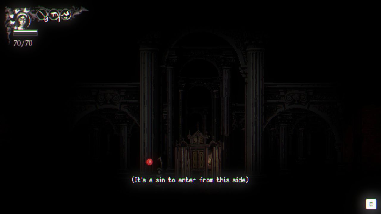 Metamorphosis approaching confessional from wrong side with message saying it's a sin