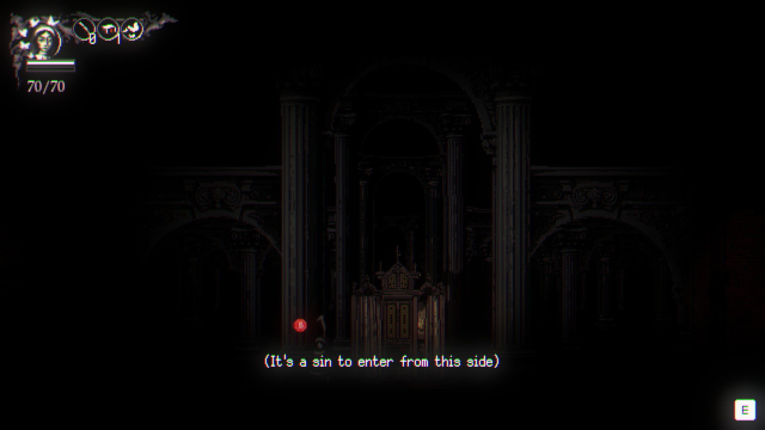 Metamorphosis approaching confessional from wrong side with message saying it's a sin