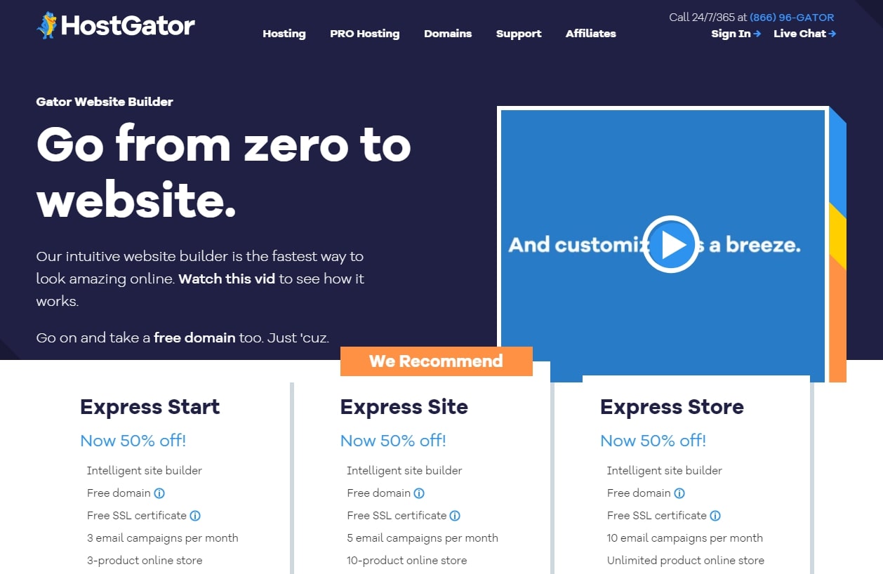 Homepage of Gator, one of the best website builders for videographers, focused on three different pricing options