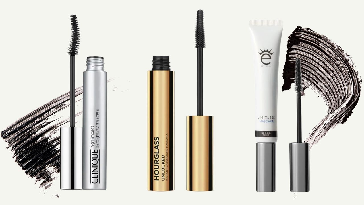 Collage of three of the best mascaras for sensitive eyes featured in this guide from (left to right) Clinique, Hourglass and Eyeko, set in front of two black mascara swatches against an off white background
