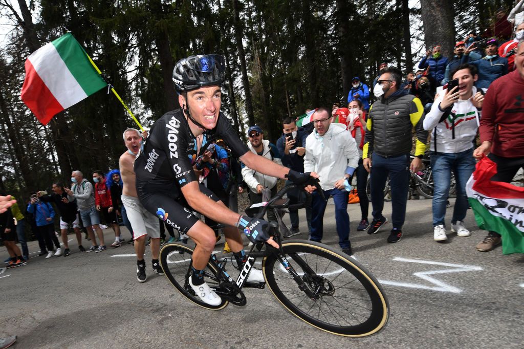 VALLE SPLUGA ALPE MOTTA ITALY MAY 29 Romain Bardet of France and Team DSM passing through Valle Spluga Alpe Motta 1727m mountain during the 104th Giro dItalia 2021 Stage 20 a 164km stage from Verbania to Valle Spluga Alpe Motta 1727m Public Fans UCIworldtour girodiitalia Giro on May 29 2021 in Valle Spluga Alpe Motta Italy Photo by Tim de WaeleGetty Images