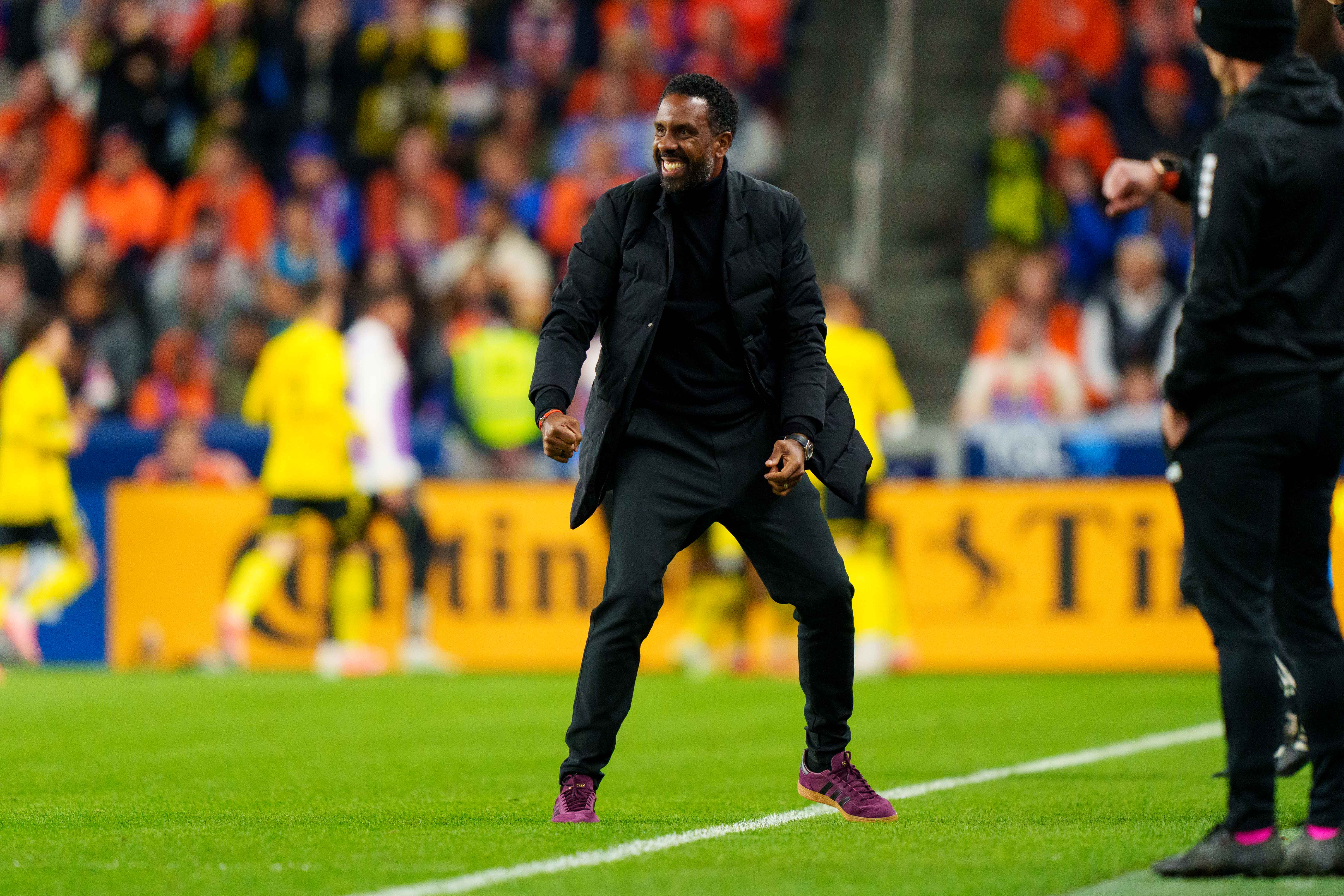 CINCINNATI, OHIO - NOVEMBER 8: Columbus Crew head coach Wilfried Nancy celebrates the Jacen Russell-Rowe #19 of Columbus Crew goal against FC Cincinnati during the MLS Playoff match at TQL Stadium on November 8, 2025 in Cincinnati, Ohio. (Photo by Chris Carter/Getty Images)