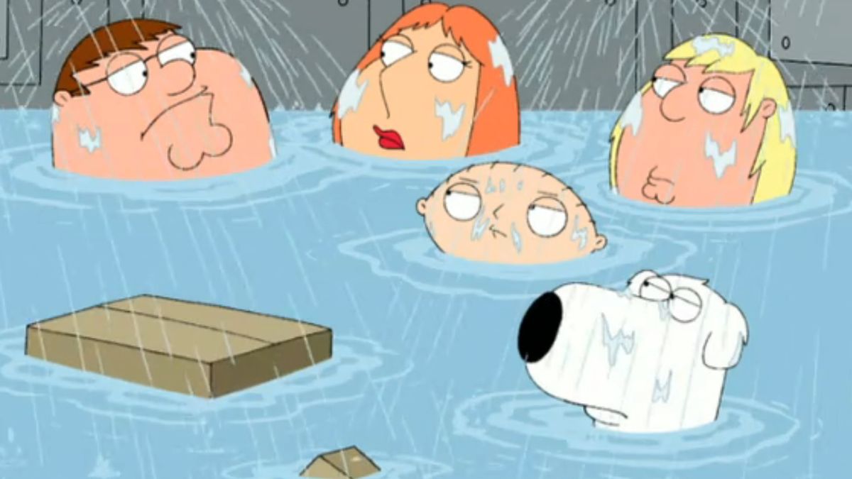 The Griffins float in conversation while almost drowning in Family Guy, S4 E27 - &quot;Untitled Griffin Family History.&quot;