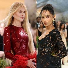 two women in gowns at the 2026 met gala, one in black and one in red