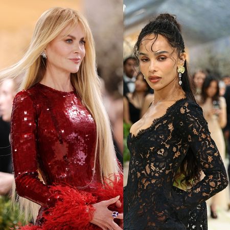 two women in gowns at the 2026 met gala, one in black and one in red