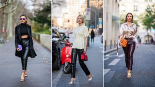 A composite of street style influencers showing how to style leather leggings for evening