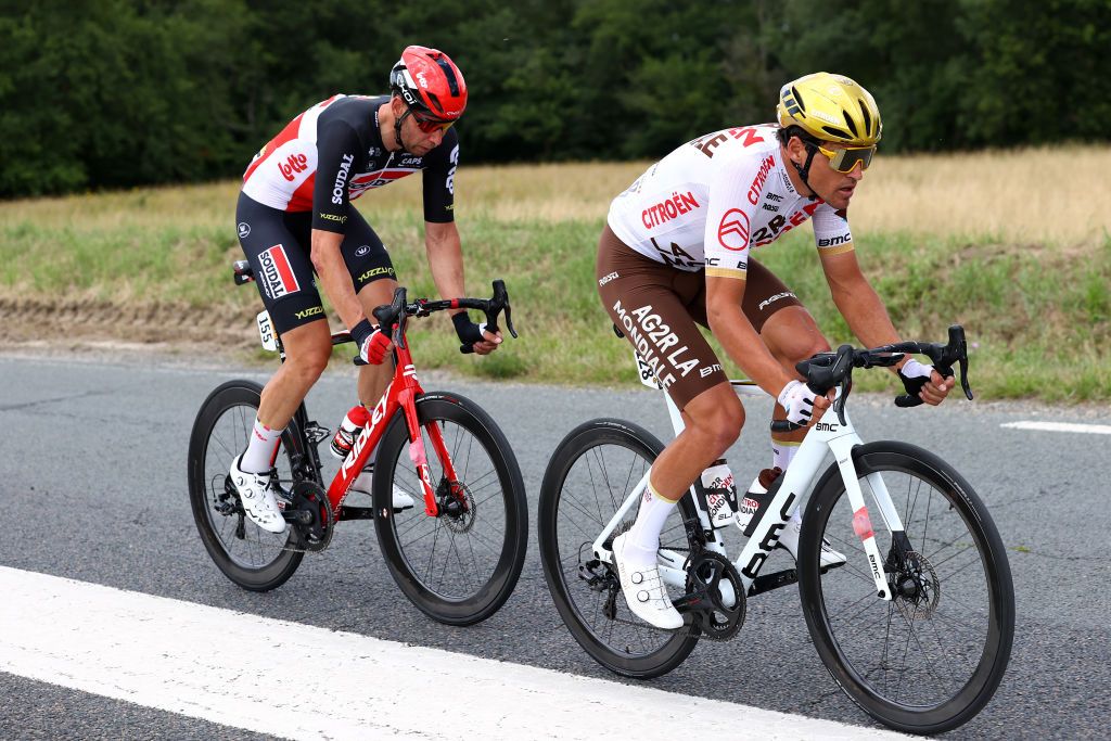 CHATEAUROUX FRANCE JULY 01 Roger Kluge of Germany and Team Lotto Soudal Greg Van Avermaet of Belgium and AG2R Citron Team in the Breakaway during the 108th Tour de France 2021 Stage 6 a 1606km stage from Tours to Chteauroux LeTour TDF2021 on July 01 2021 in Chateauroux France Photo by Michael SteeleGetty Images