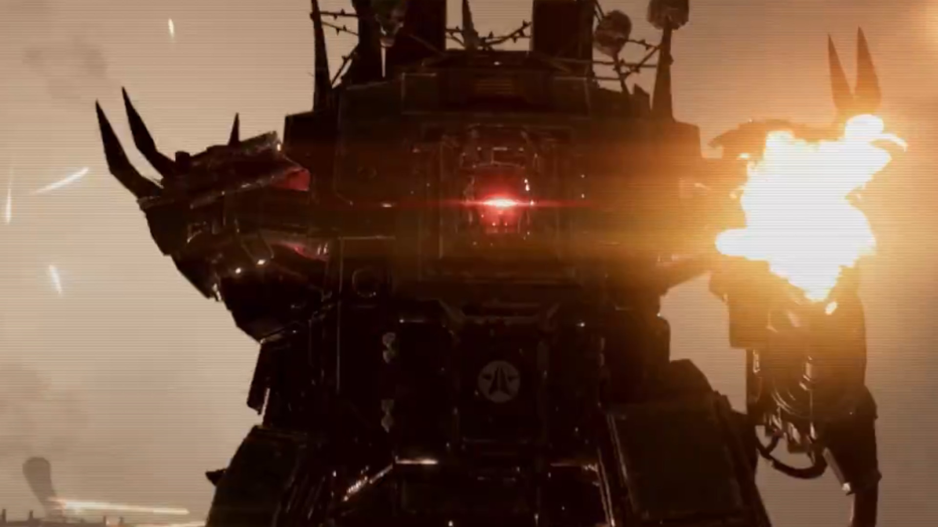 A hulk with glowing red eyes and its flamethrower lit and ready to burn