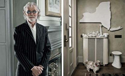 Two side-by-side photos of Wendell Castle's home. In the first photo Wendell is wearing a white shirt, pinstripe jacket and round, blue glasses in his living room. And in the second photo of the hallway, Fozzie the dog is standing in front of an all-white installation by Wendell's wife Nancy Jurs