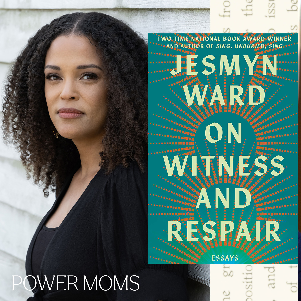an image of author Jesmyn Ward wearing a black top and smiling looking at the camera opposite the cover of her memoir on witness and respair