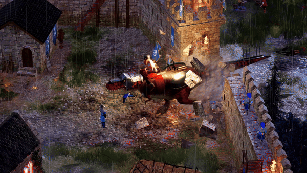 A T-Rex smashing through a castle wall and eating a soldier in Dinolords.