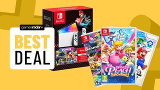 Nintendo Switch OLED bundle and games on a yellow background with best deal badge