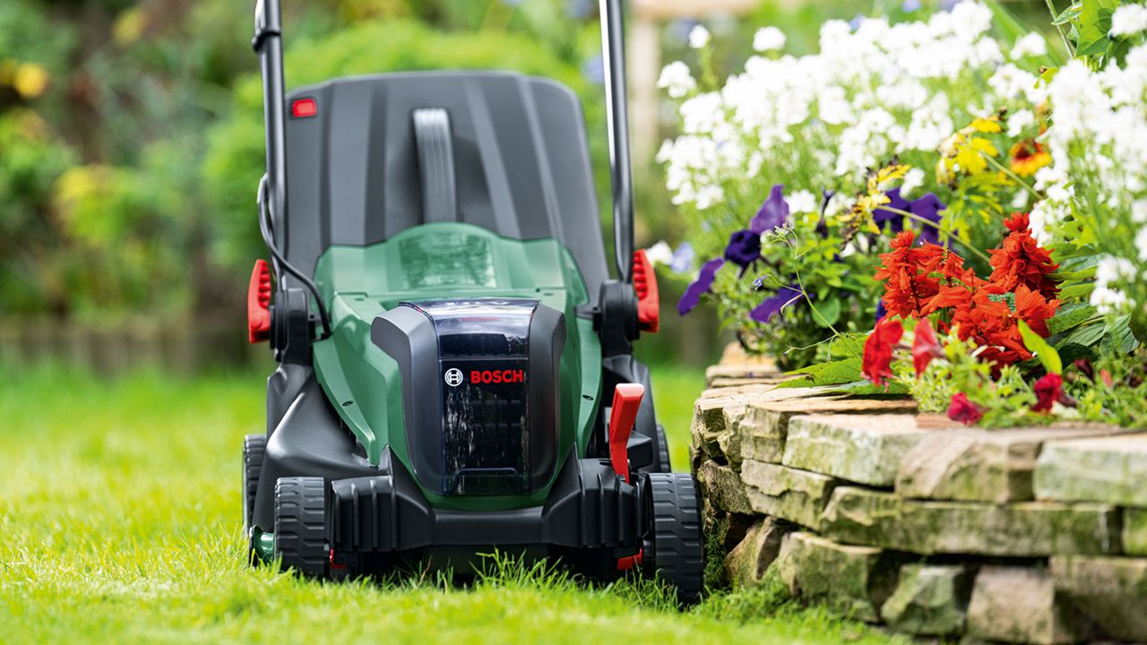 Bosch lawnmower in garden