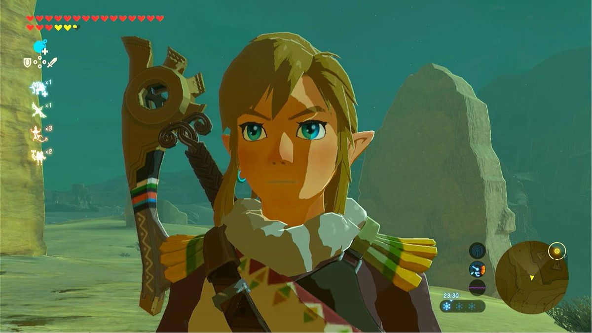 Closeup of Link in Breath of the Wild with mClassic upscaling switched off.