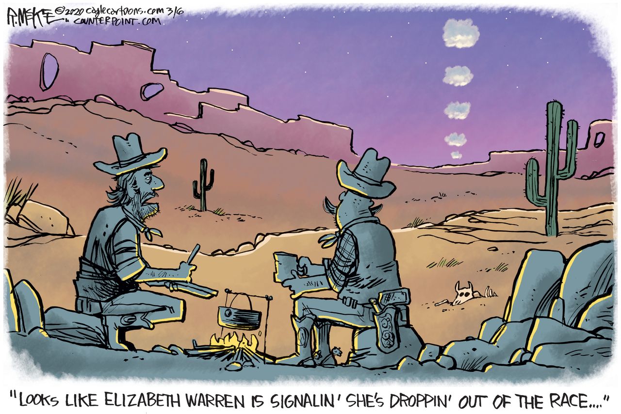 Political Cartoon U.S. Elizabeth Warren Democrats 2020 primaries presidential race drop out smoke signals