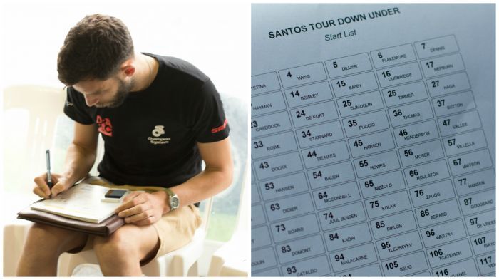 Drapac&rsquo;s Directeur Sportif Tom Southam works out the day's exact strategy prior to leaving for the race start of stage four. On the right is an example of the list that sits in the team car for quick reference from race radio announcements