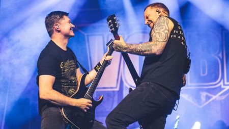 Flemming C. Lund and Michael Poulsen of Volbeat perform on stage at Palacio Vistalegre on October 31, 2025 in Madrid, Spain.