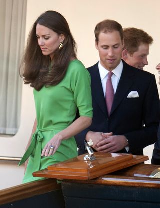 Catherine, Princess Of Whales And Prince William At A Pre Wedding Reception On Board Britannia In Edinburgh wearing gold earrings from Cassandra Goad.