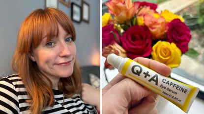 Headshot of matilda, next to a packshot of the Q+A eye serum