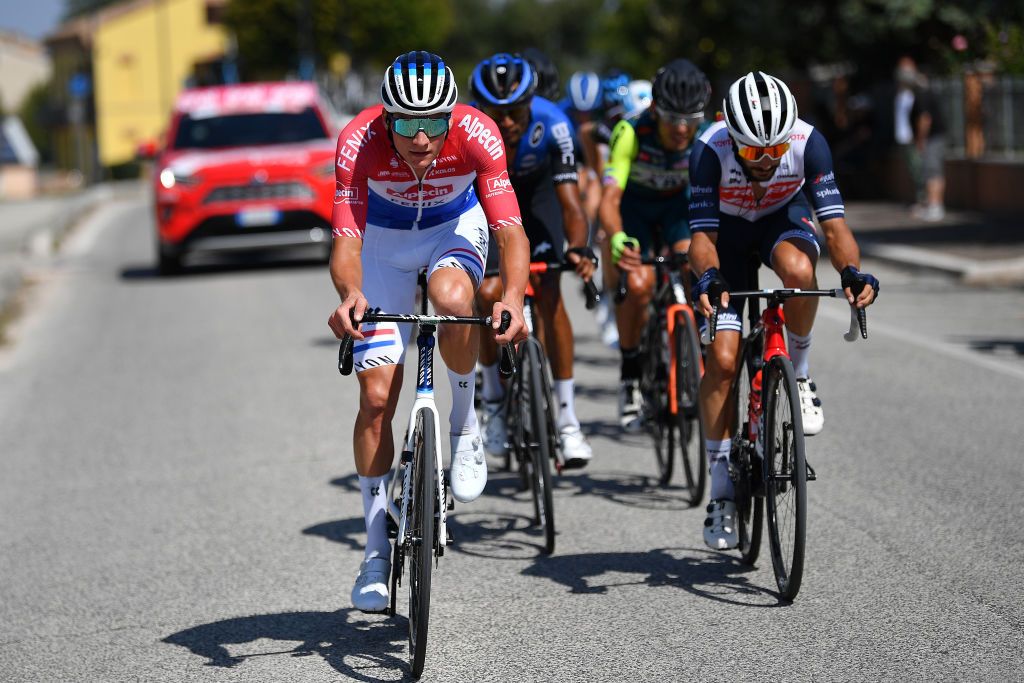 SARNANO ITALY SEPTEMBER 11 Mathieu Van Der Poel of The Netherlands and Team AlpecinFenix Julien Bernard of France and Team TrekSegafredo Amanuel Gebreigzabhier of Eritrea and Team NTT Pro Cycling Breakaway during the 55th TirrenoAdriatico 2020 Stage 5 a 202km stage from Norcia to SarnanoSassotetto 1335m TirrenAdriatico on September 11 2020 in Sarnano Italy Photo by Justin SetterfieldGetty Images