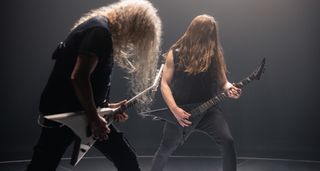 Jackson American Series Rhoads: the Rhoads is now officially being made in the USA again, and is offered with a choice of a hardtail or Floyd Rose, with the hardtail finished in Satin Black and Snow White, and the Floyd in Satin Black, Matte Army Drab and Snow White. Note the reverse headstock.