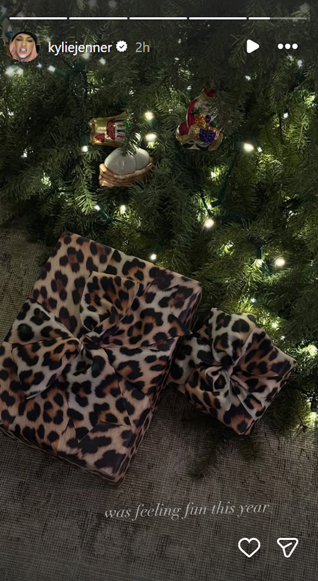 Kylie Jenner posts pics of her fabric animal print gifts for Christmas 2025.
