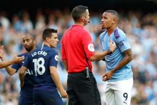 Gabriel Jesus remonstrates with referee Michael Oliver after his goal is disallowed