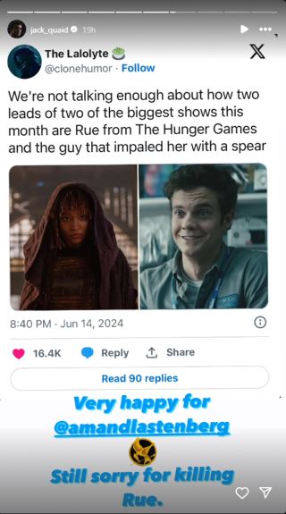 Jack Quaid responding to post about how The Hunger Games connects The Boys and The Acolyte. He wrote: "Very happy for @amandlastenberg. Stell sorry for killing Rue."