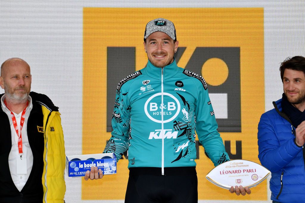 MANOSQUE FRANCE FEBRUARY 12 Alexis Gougeard of France and Team BB Hotels PB KTM celebrates winning the trophy for the most combative rider on the podium ceremony after the 6th Tour de La Provence 2022 Stage 2 a 1806km stage from Arles to Manosque 417m TDLP22 on February 12 2022 in Manosque France Photo by Luc ClaessenGetty Images