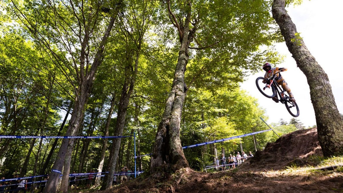 Jim Monro of Great Britain competes during the men&#039;s downhill final at the UCI Mountain Bike World Cup 2022 ahead of the 2024 edition of the event