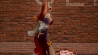 Roger Rabbit looks up while being tied to Jessica Rabbit on a hook in Who Framed Roger Rabbit.