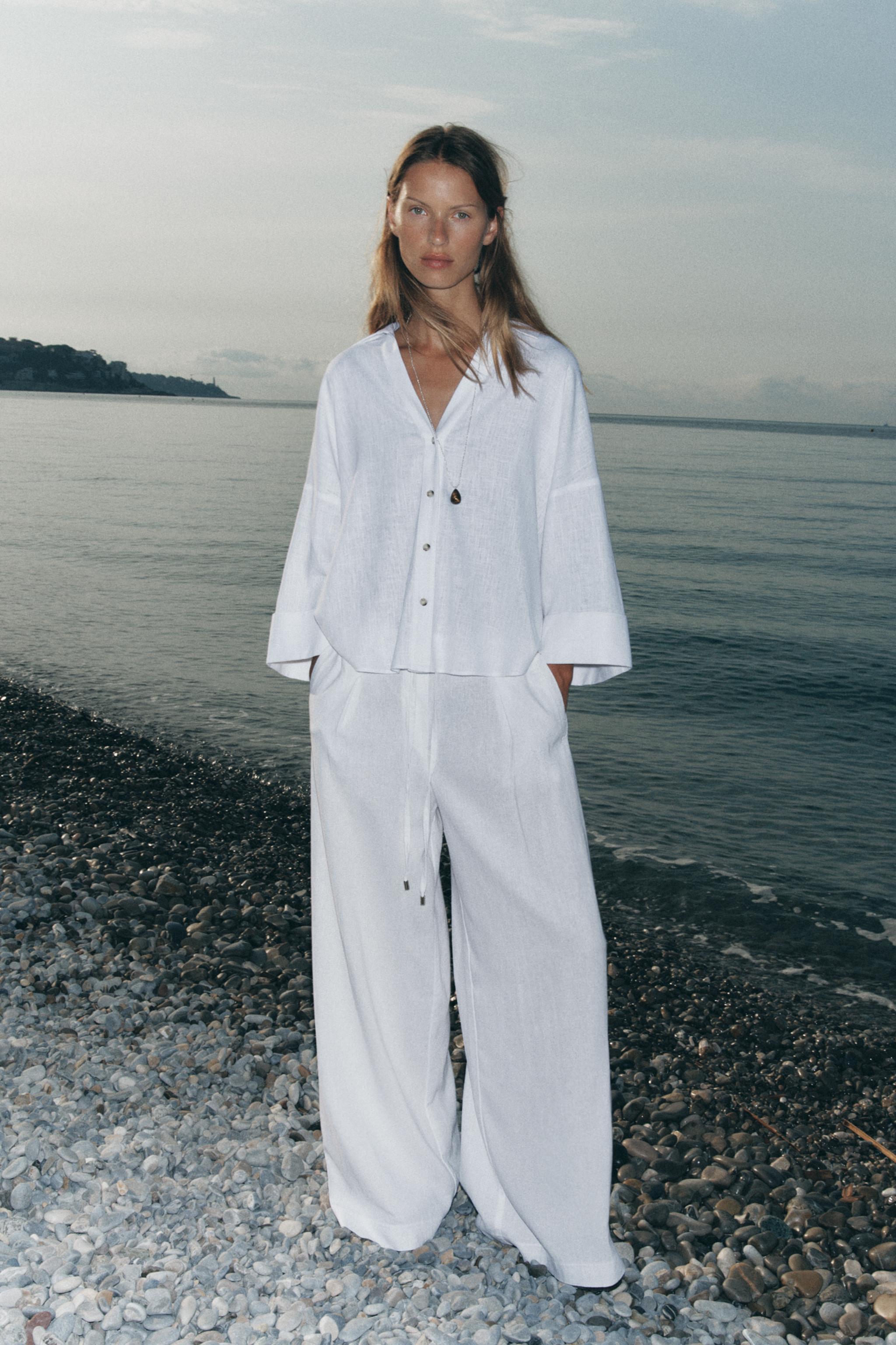 Linear mixed wide-leg pants with belt