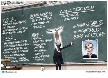 Political cartoon U.S. Democrats John Bolton panic world events crisis
