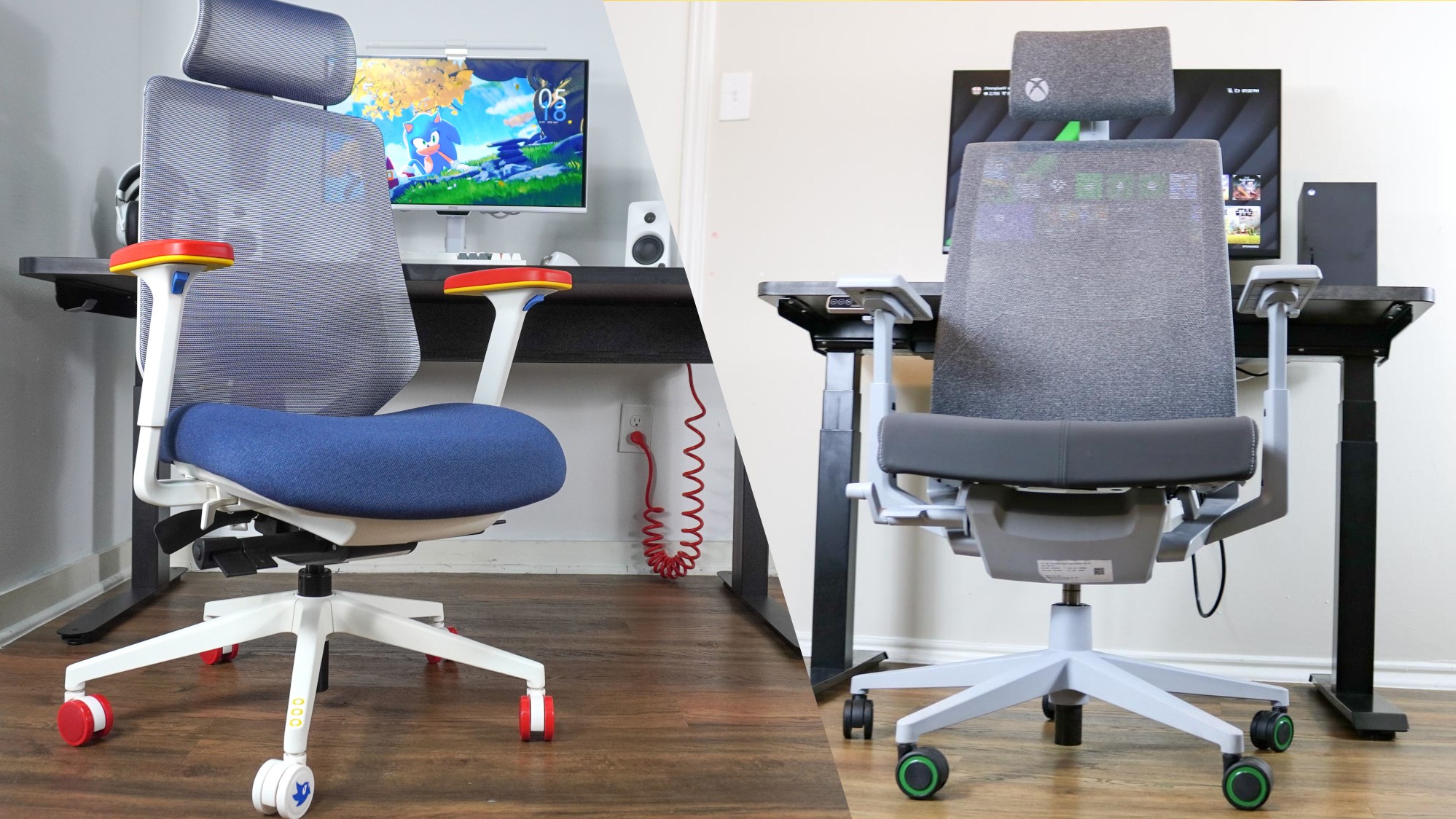 A side by side shot showing the Branch Ergonomic Chair Pro: Sonic the Hedgehog Edition on the left and the Haworth Very Gaming Chair on the right