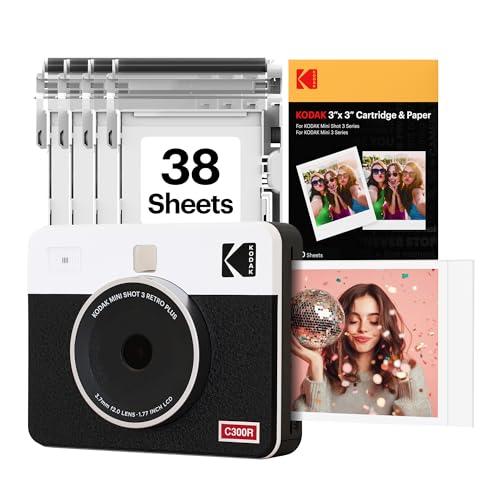 Kodak Mini Shot 3 Retro 3x3” Instant Digital Camera & Photo Printer, 38 Sheets, 2-In-1 Portable Print Camera, Bluetooth Smartphone Printer for Ios & Android, 4pass Dye Sublimation, White