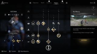 Best Assassin's Creed Shadows skills - Naoe's katana skill tree highlighting the No Mercy skill.