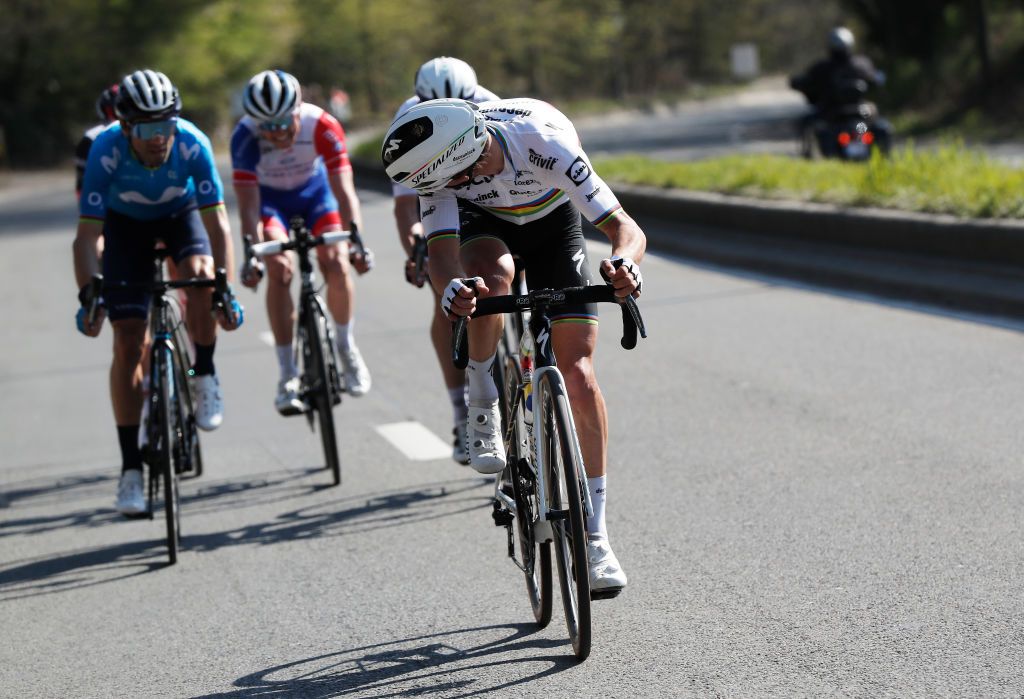 LIEGE BELGIUM APRIL 25 Alejandro Valverde Belmonte of Spain and Movistar Team Tadej Pogacar of Slovenia and UAE Team Emirates David Gaudu of France and Team Groupama FDJ Michael Woods of Canada and Team Israel StartUp Nation Julian Alaphilippe of France and Team Deceuninck QuickStep in the Breakaway during the 107th Liege Bastogne Liege 2021 Mens Elite a 2595km race from Bastogne to Lige LBL on April 25 2021 in Liege Belgium Photo by Bas CzerwinskiGetty Images