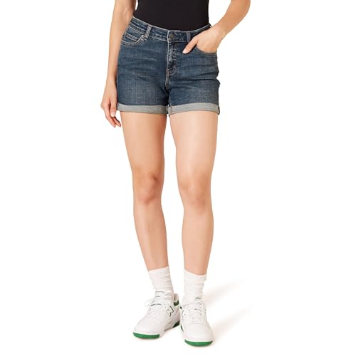 Amazon Essentials Women's Mid-Rise Slim Fit 4" Denim Shorts, Dark Denim, 12
