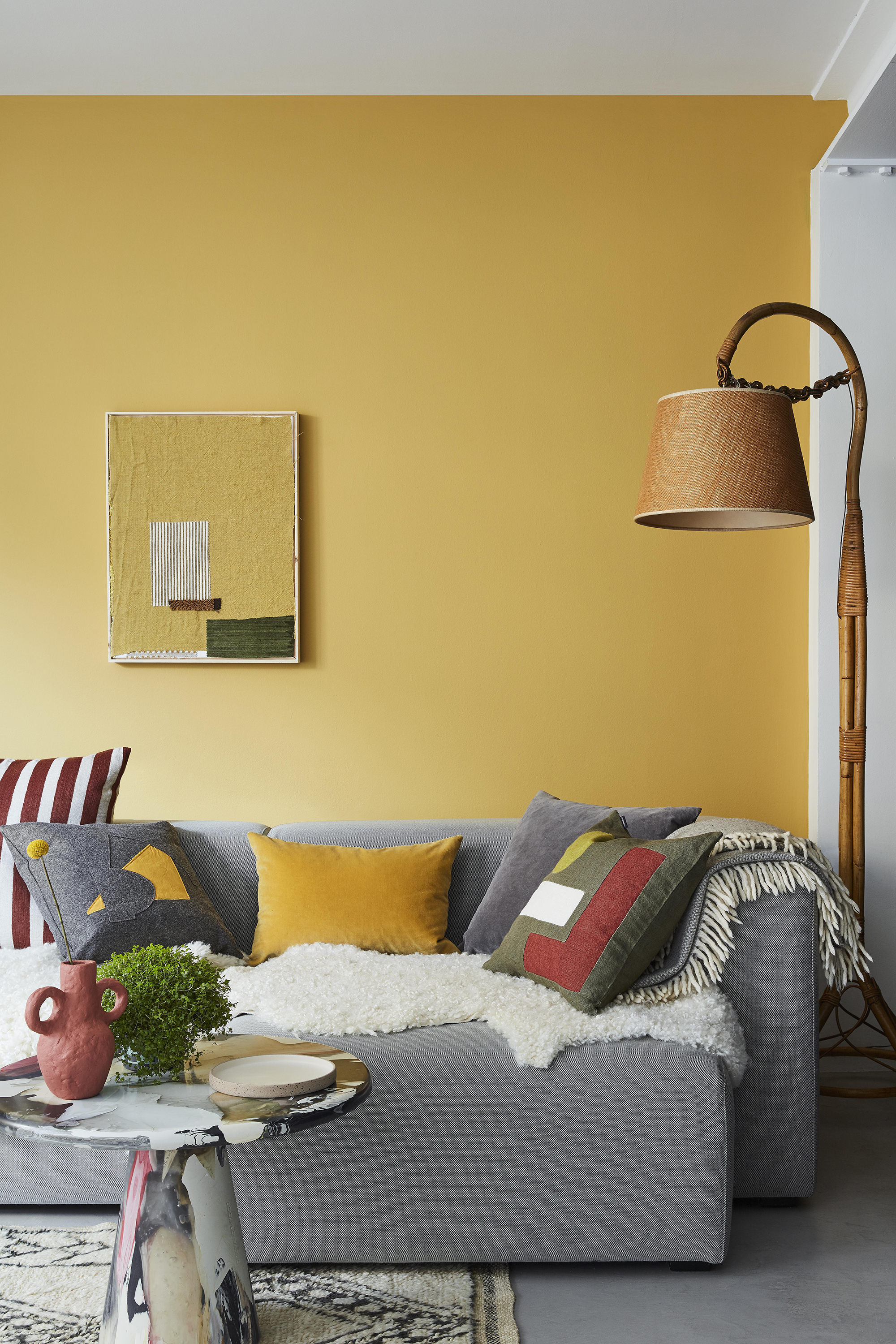 Yellow living room walls with grey sofa