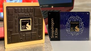 Snapdragon X2 Elite chip case (left) in cut image with Snapdragon X Elite chip case (right)