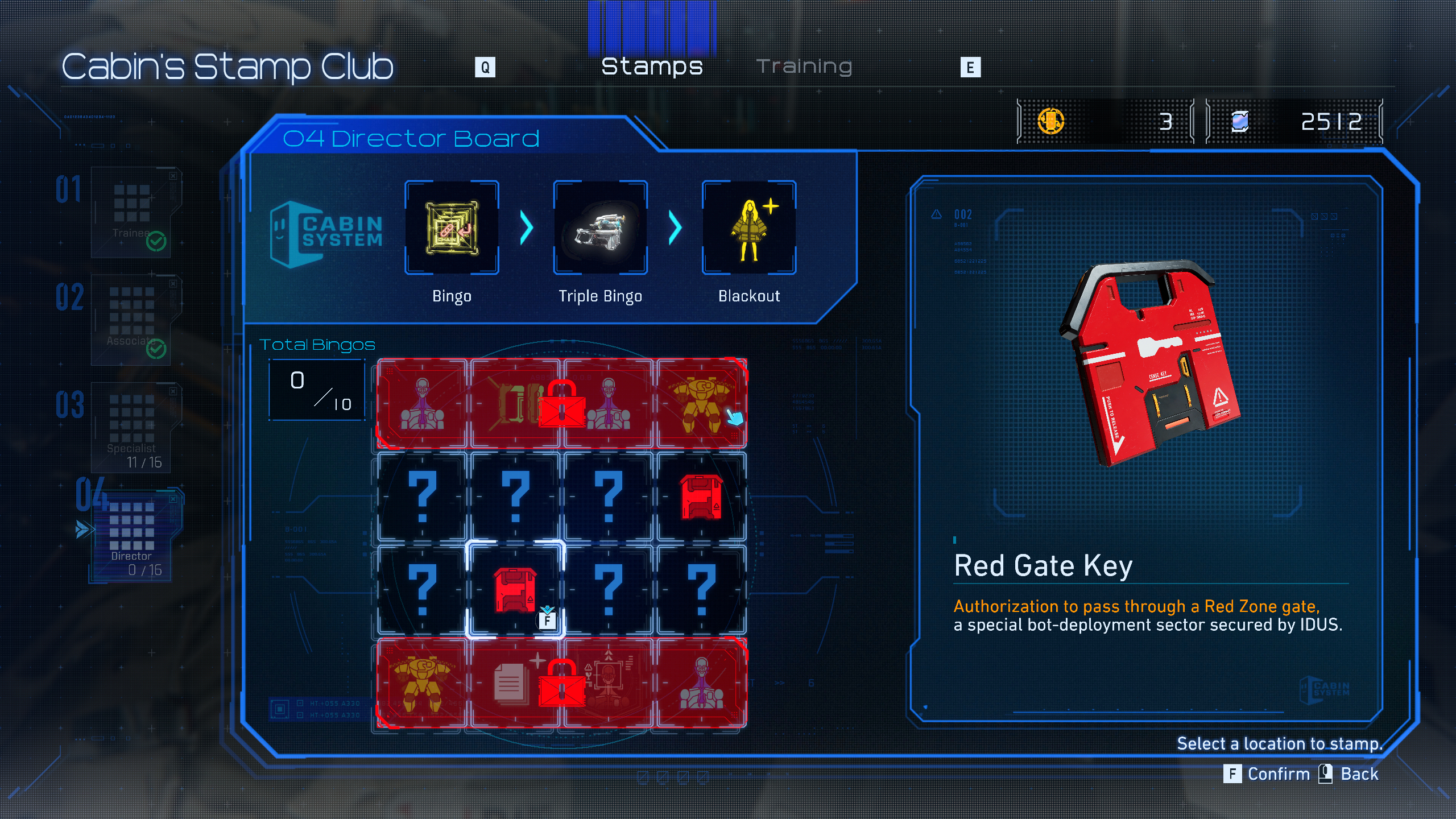 Pragmata Red Zone Gate Keys: The Director's bingo board with two Red Gate Keys.