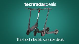 three electric scooters side by side on a green background with the techradar deals logo above