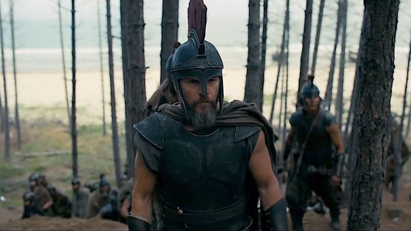Matt Damon wearing helmet and other Trojan gear in The Odyssey. 