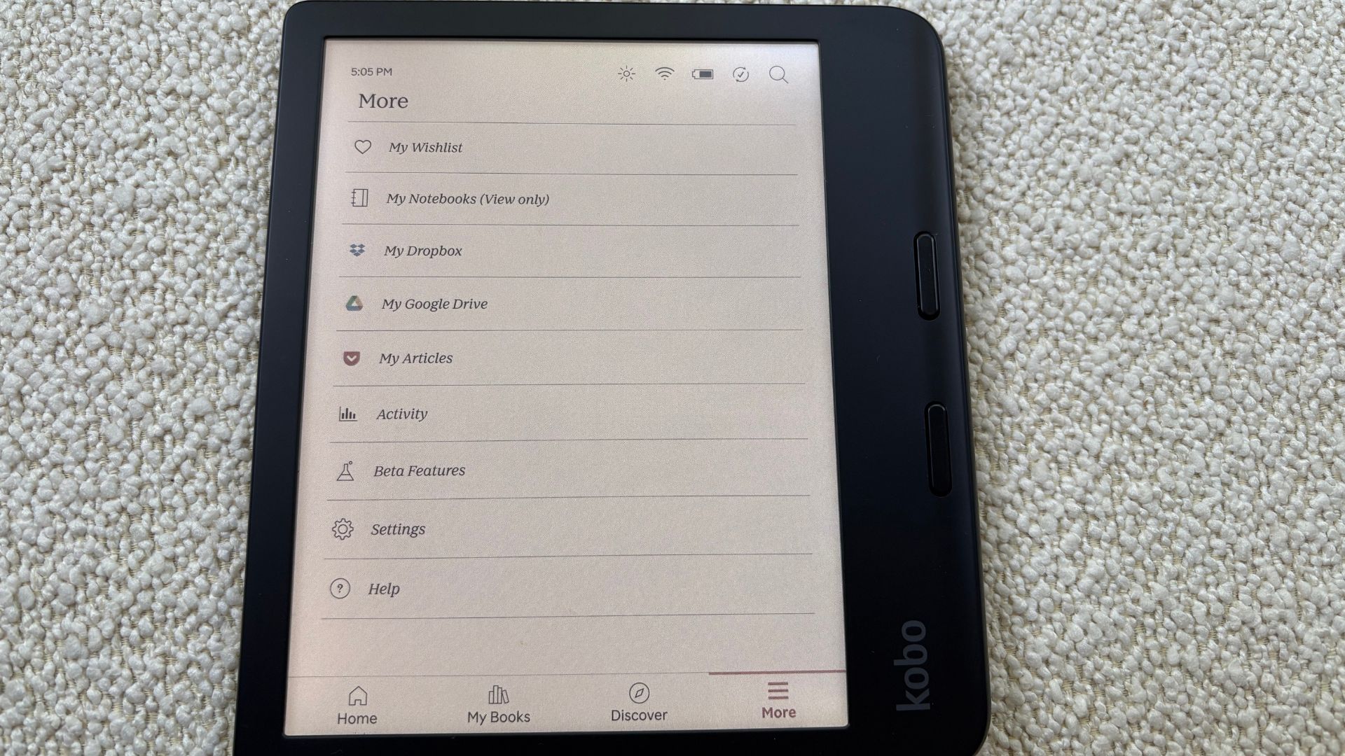 Menu on the Kobo Libra Colour