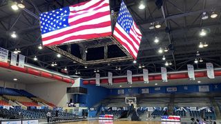 The new center-hung LED display at Jackson State showcasing an American flag. 